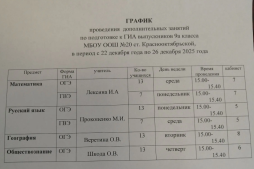График дополнительных занятий для подготовки к ГИА-2026 учащихся 9 класса на период 22.12 - 26.12.2025 года